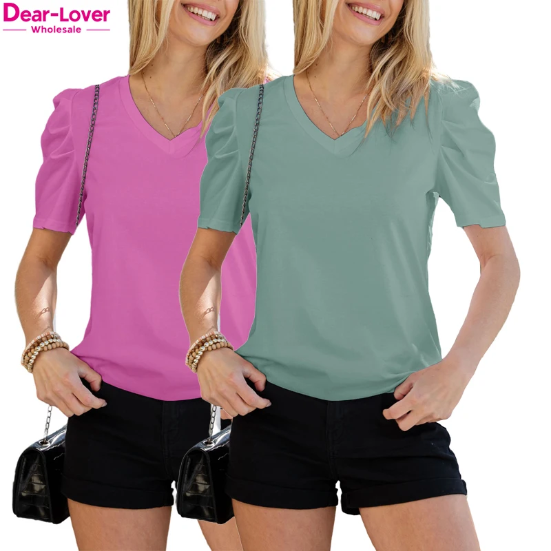 Dear-Lover OEM ODM Custom Logo Private Label Wholesale Puff Short Sleeve V-Neck Blank Plain T-Shirt Tops For Women