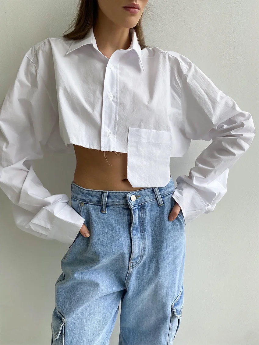 Leisure Shirt Crop Tops Long Sleeves Lapel Buttons Pocket Womens Irregular Casual Loose Blouses