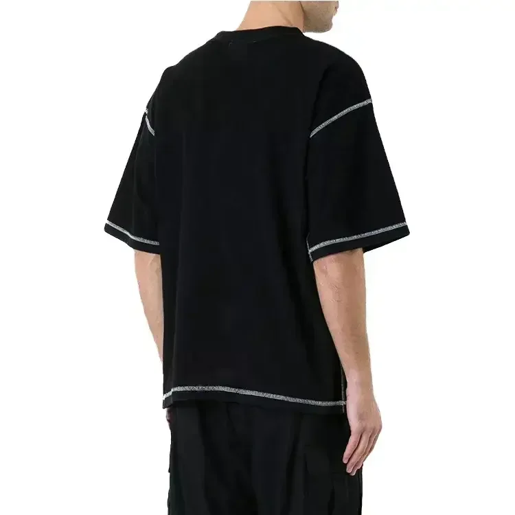 Custom Silk Screen Print Mens T-shirt Cotton Reverse Stitching Round Neck T Shirt Loose Fit Contrast Stitch T Shirt