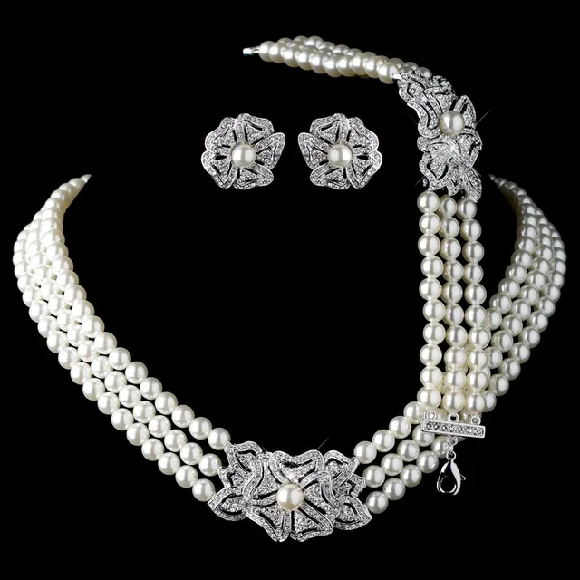 Vintage Wedding Bridal Three Flower Fine Fashion Beaded  Pearl Necklaces Earrings Jewelry Sets For Women