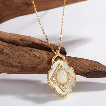 Aimgal Fine Jewelry Natural White Opal vintage pendent Necklace S925 Silver Plated 18K Gold Engagement Anniversary Gift