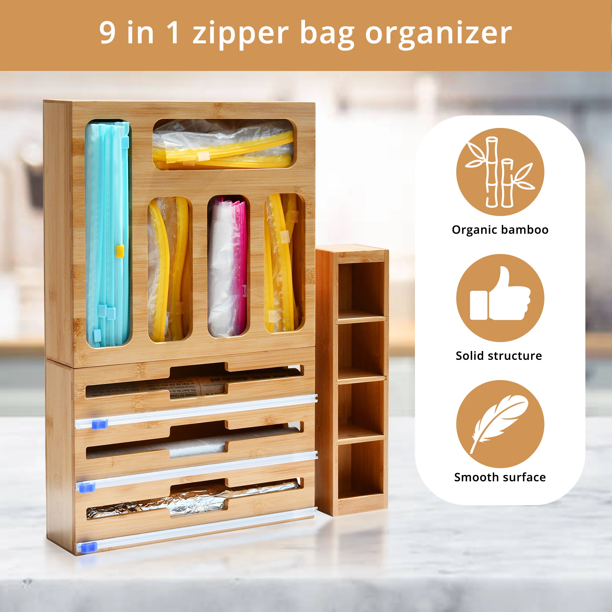 9 in 1 Bamboo Foil And Plastic Wrap Organizer for Kitchen, Premium Handcrafted Food Storage Bag Organizer Holders