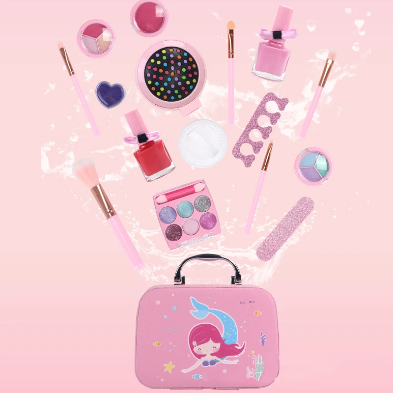 Soli Pretend Play Beauty Children Cosmetic Bag Make Up Set Lipstick Nail Polish Washable Girls Makeup Kit Sets Toy for Kids