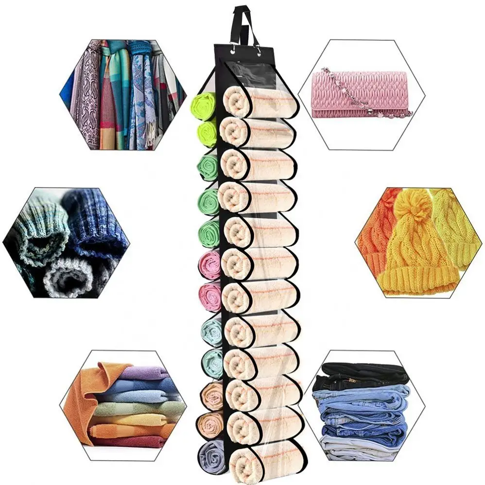 Foldable Leggings Organizer Clothes, Towel Storage Bag, 24 Compartments Hanging Closet Organizers Suitable for Jeans, T-Shirts