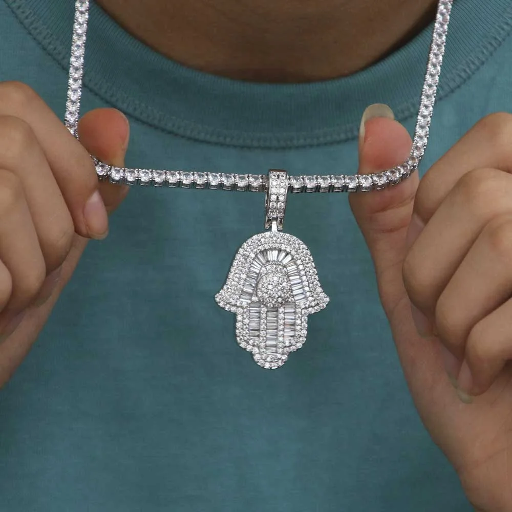 Baguette Hamsa Hand Pendant Hip Hop 