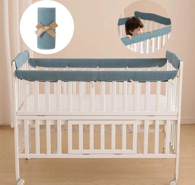 4PCS Organic Cotton Muslin Baby Crib Bumper Cover Protector Set for Standard Cribs Long Rail Reversible Teething Crib Rail Cover