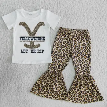 Spring Baby girls Yellowstone print outfits short sleeves shirt bell bottom leopard pants kids clothing Sets Children boutique