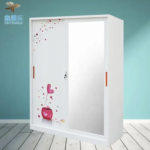 Flower Print Storage Cabinet Stainless Steel 2-Door Bedroom Furniture Sliding Metal Wardrobe with Lemari Besi