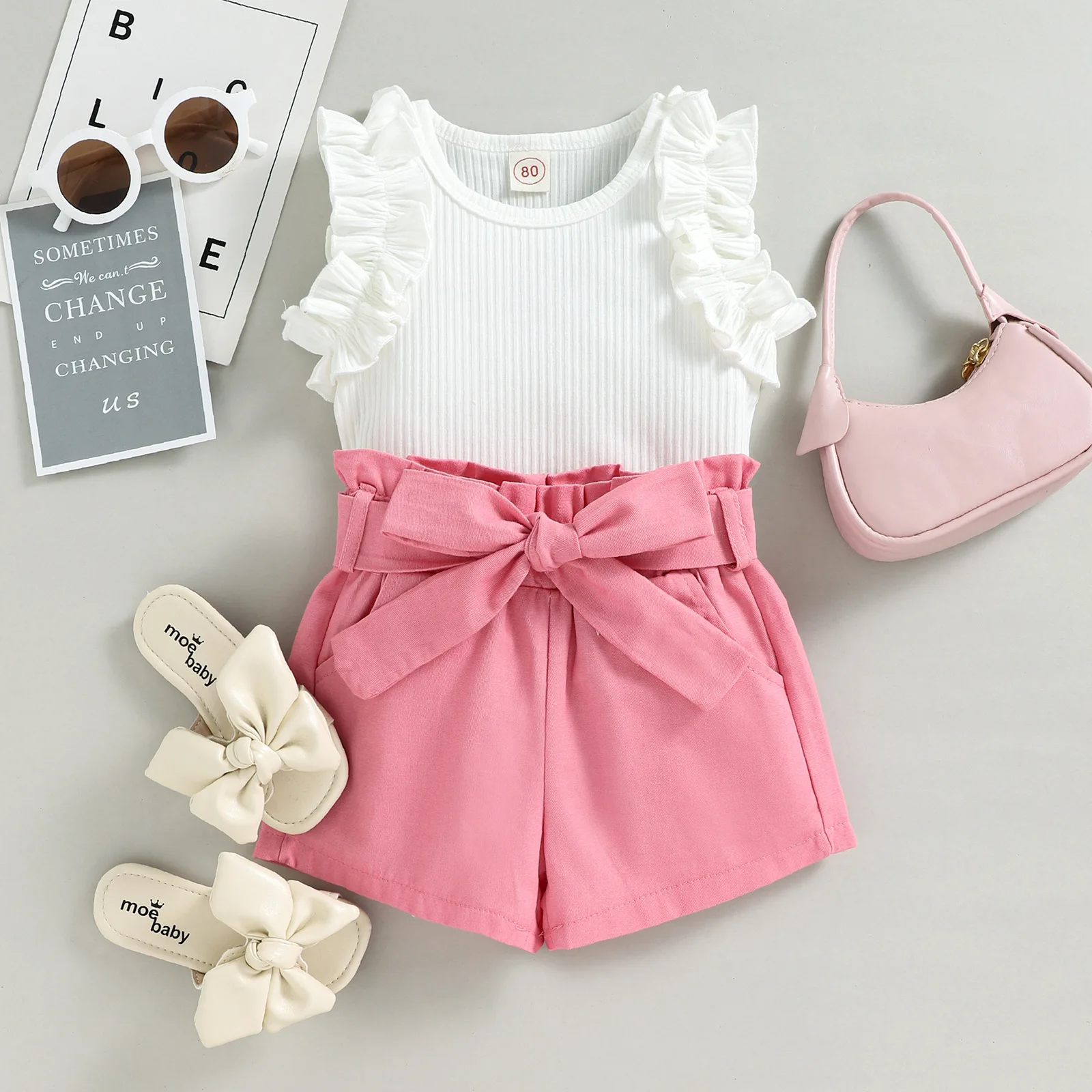 Fashion kids baby girls clothes sets summer children girls clothing suits solid ruffle sleeve tops shorts with belt