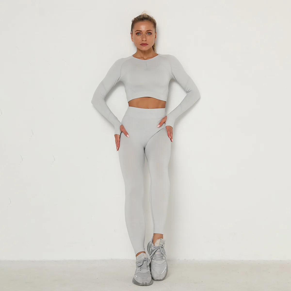 High quality  Women's Yoga Set Workout Sports Gym Legging Seamless Fitness Bra Crop Top Long Sleeve Yoga Suit