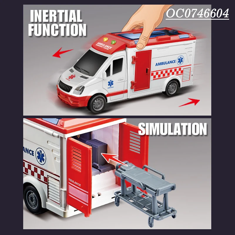 Dpen door kids friction cartoon car plastic ambulance toy with light sound