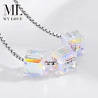 Beads Women Fine 925 Sterling Silver Necklace Jewelry Multi Sparking Crystal AB Austria Cube Beads Necklace
