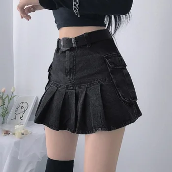 Ecowalson 2021 New Arrival Summer Style Female Fashion Sexy Button Black Solid High Waists Night Club Sexy Denim Pleated Skirts