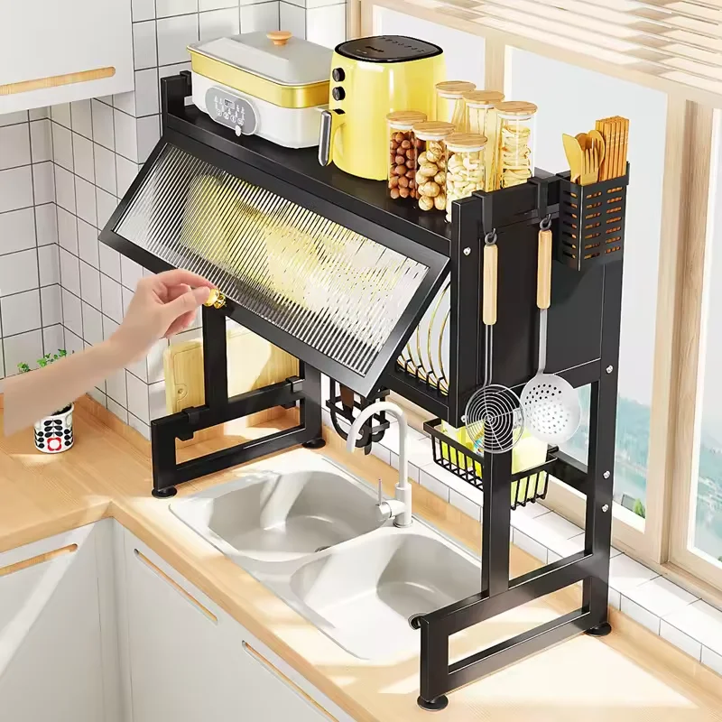 Kitchen dish drainage rack kitchen dish drainage rack household countertop storage rackmultifunctional carbon steel storage rack