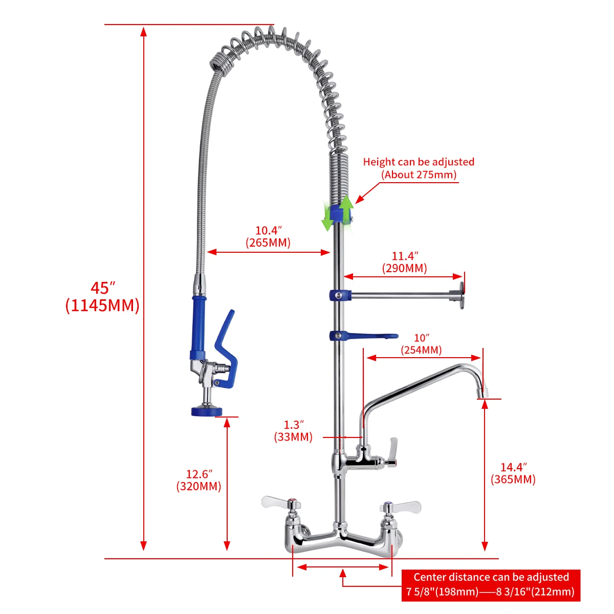 Commercial Restaurant Kitchen Faucet Wall Mounted Short Type Pre-Rinse Sprayer with Dual Handle Dual Tap 2-Hole Installation details