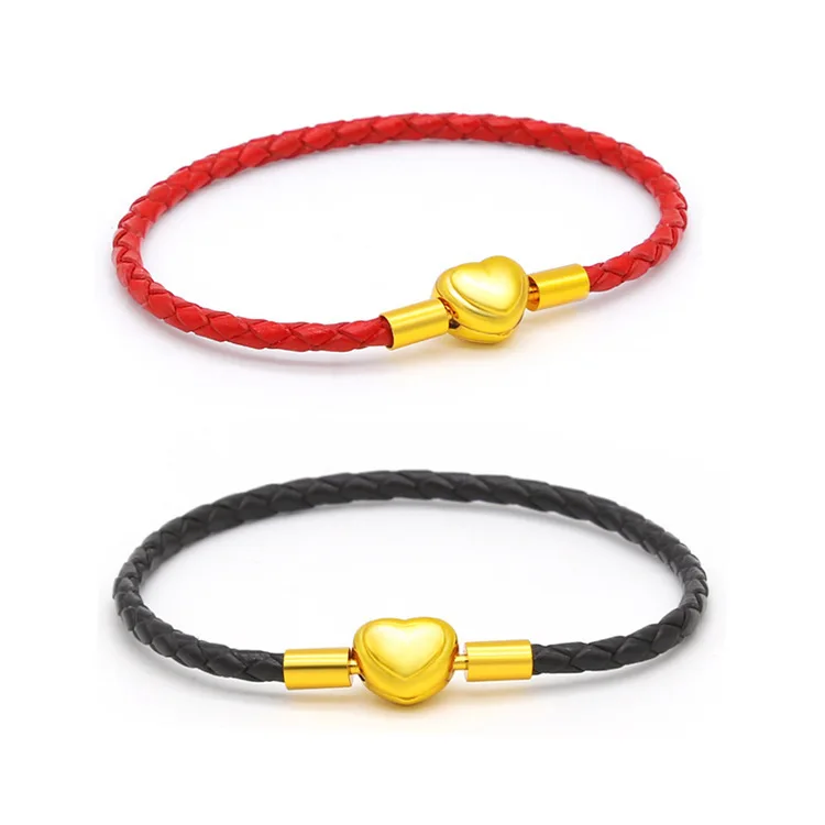 Custom stainless steel Diy Jewelry red rope leather bracelet gold heart buckle braided stringed 3D beads DIY ankle bracelet