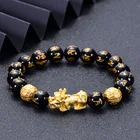 Stone Obsidian Black Stone Obsidian Yellow Feng Shui Wealth Meaning Gold Jade Pixiu Bracelet