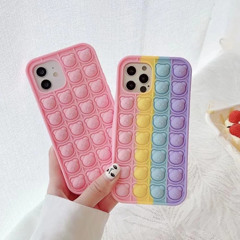 Fashion Rainbow Color Shockproof Phone Case For Iphone 7 8 Plus X Xr Xs 11  12 Pro Max Back Cover Reliver Stress Bubble Silicone Fidget Toy(for Iphone