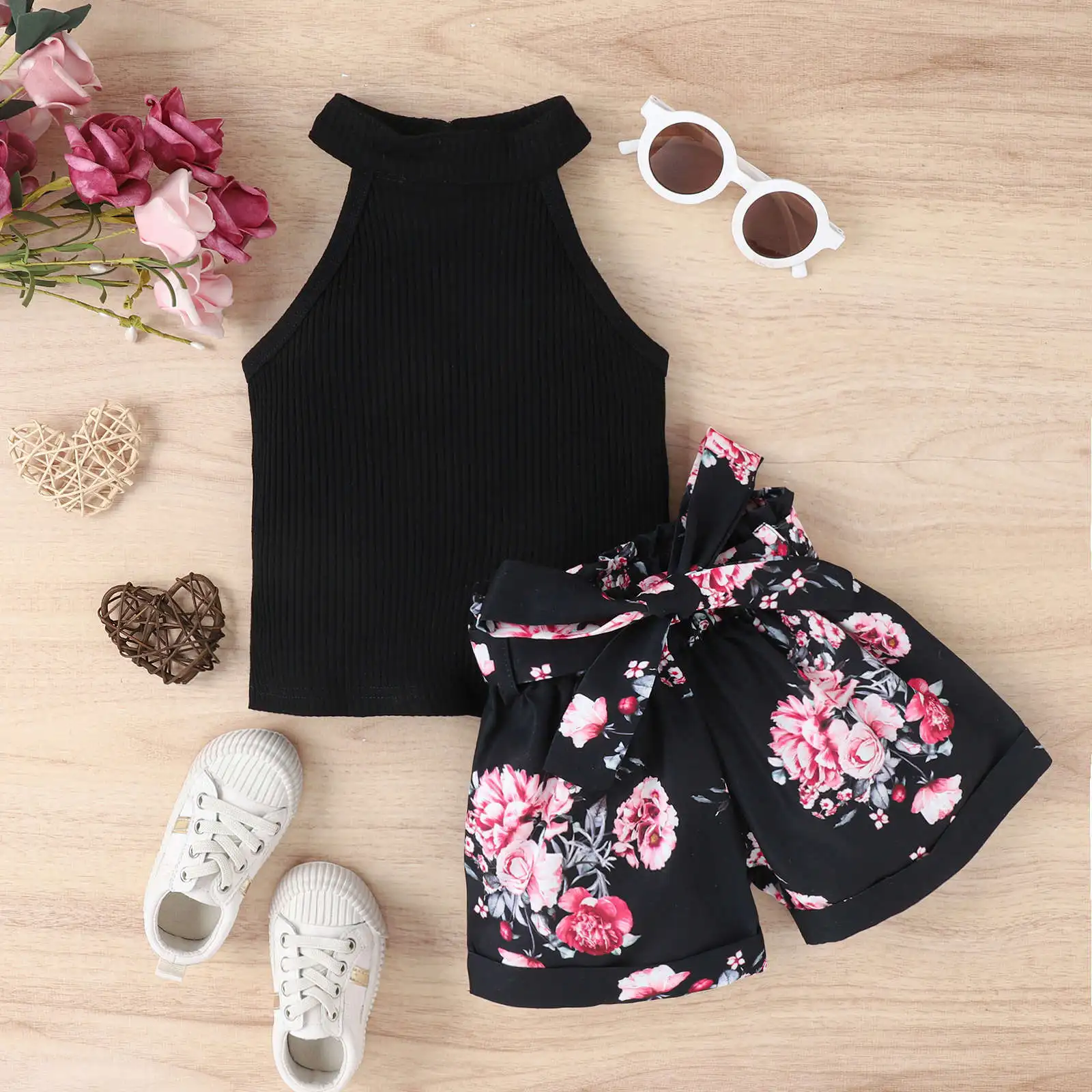 2023 kids summer clothes sets outfit ribbed sleeveless tank tops elastic floral shorts two-piece boutique girls clothes