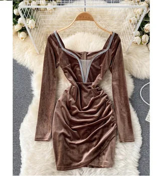 2022 Autumn Winter New Design V-neck Velvet Dress Party Diamond High Waist Slim Fit Dress Sexy Long Sleeve Rhinestone Knee Dress