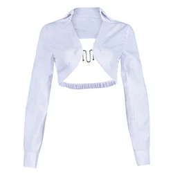 2023 Spring Sexy Solid Blouse Women White Long Sleeves Super-short Female Streetwear Style Metal Bandage Design Shirts