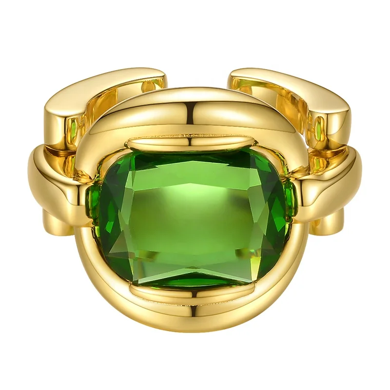 High Quality 18K Gold Plated Stainless Steel Chain Green Glass Stone Accessories Rings R204062
