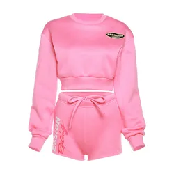 Fall Fashion Pink Letter Printing 2 Two Piece Short Set Causal Street For Women 2023 Long Sleeve Hoodies Booty Shorts Set