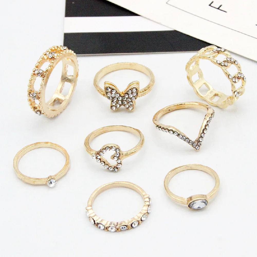 8Pcs Bohemia Gold Zircon Heart Butterfly Finger Ring Set Women Shiny Cz Rhinestone Knuckle Rings Jewelry Set