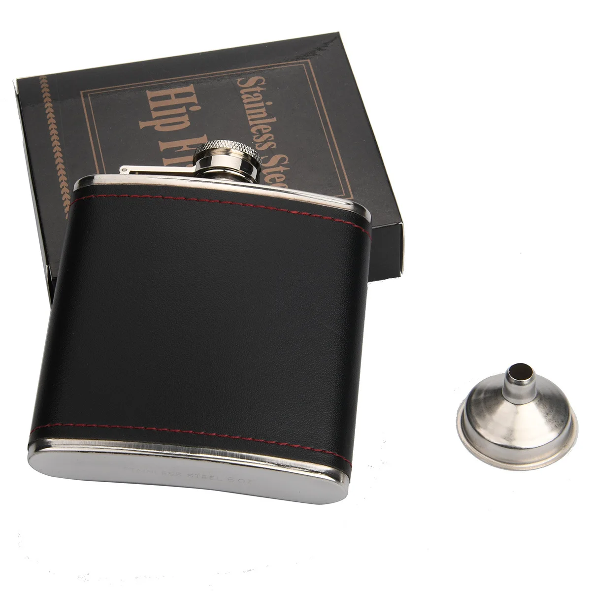 LJJZH435 Wholesale  Leather Wrapped Wine Flask Custom logo 6 oz Stainless Steel Hip Flask set  With funnel