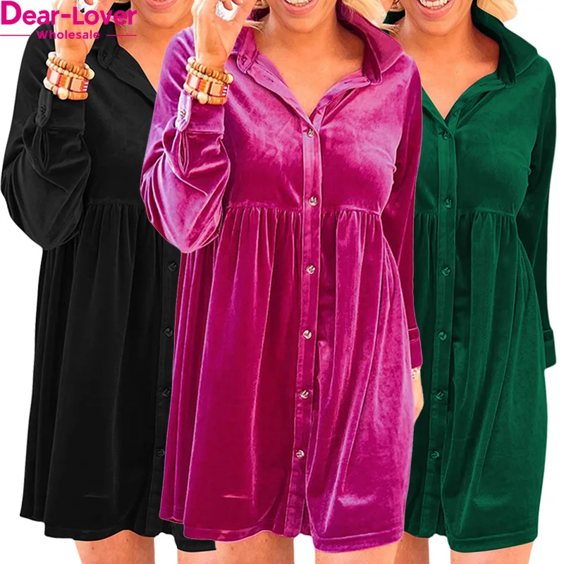 Dear-Lover Odm Oem Private Label Velvet Dress Ruffle Long Sleeve Shirt Dresses Women