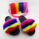 Wholesale Women Plus Jelly Purse Faux Big Fox Fur Slides Slippers And Purse Sets