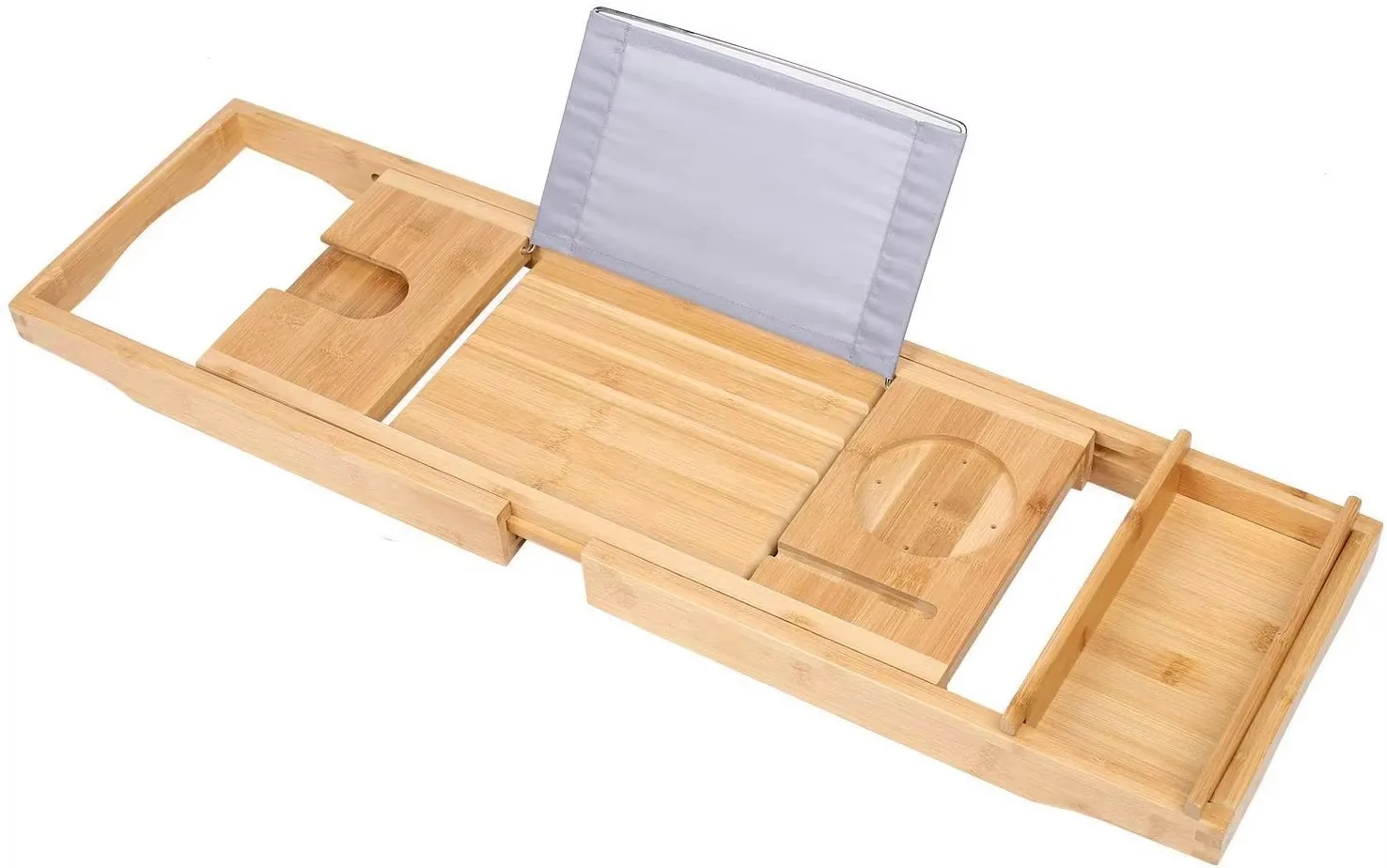 product natural bamboo bathtub caddy with extending sides expandable shower bath tub tray rack with waterproof cloth-3