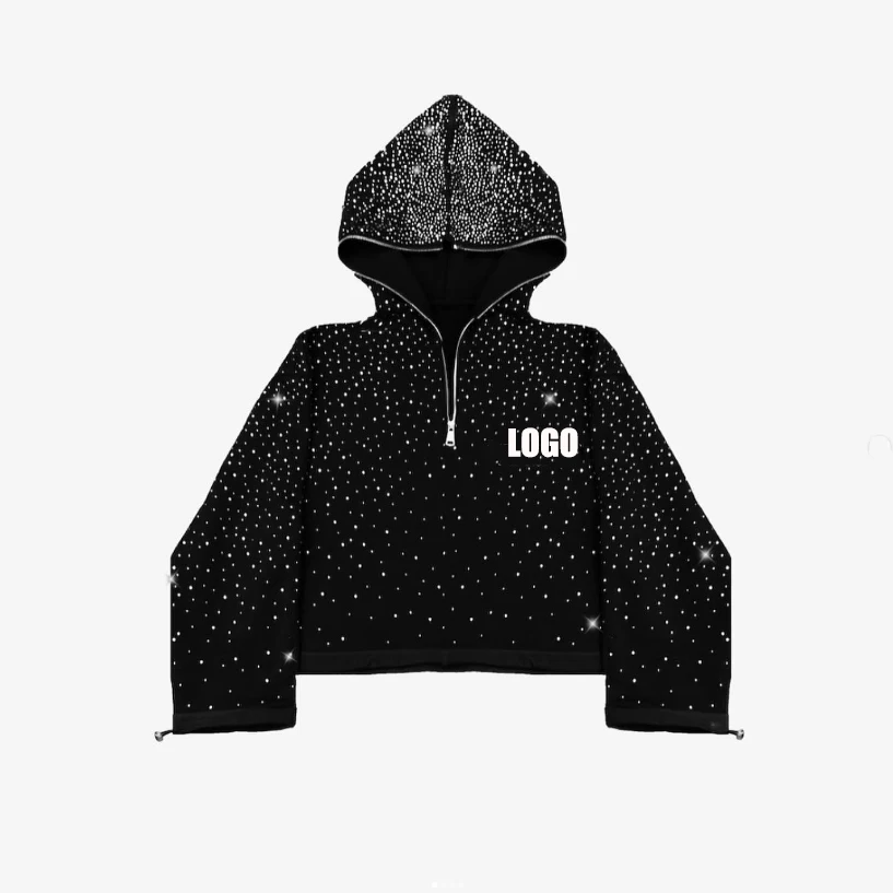 Streetwear Custom 380 500gsm Men's French Terry Fleece All Over Print Rhinestone Boxy Cropped Full Face Half Zip up Hoodie Men factory