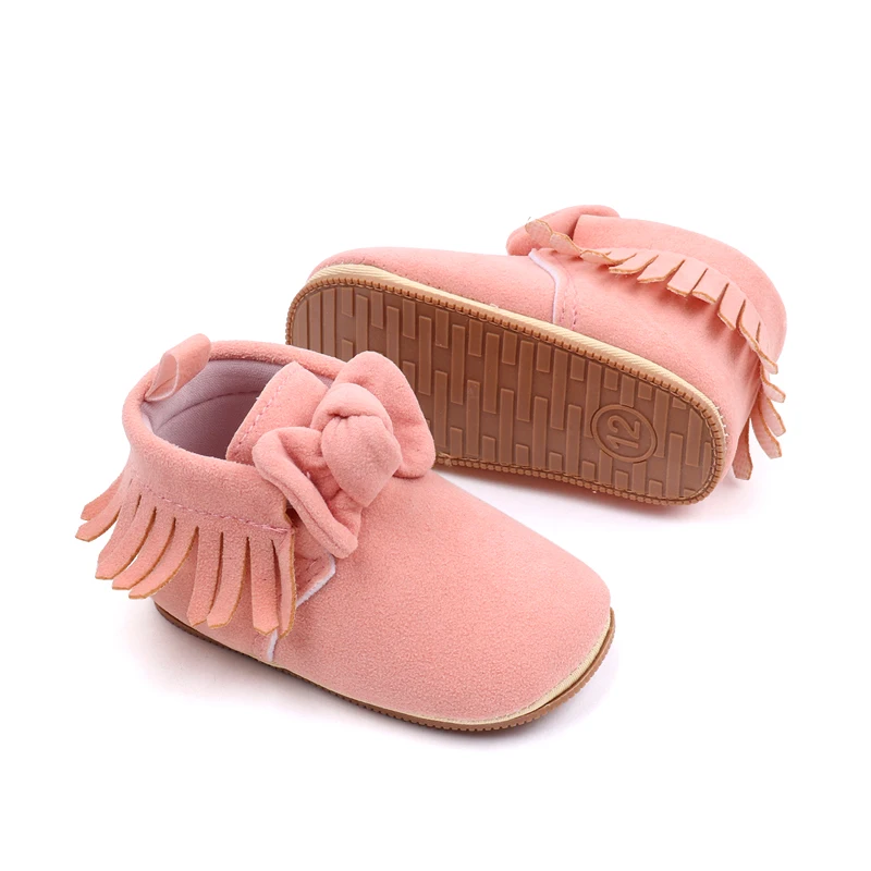 New Arrival Solid Color Fur Top Fringe Bow Soft Soled Baby Toddler Shoes for Girls factory