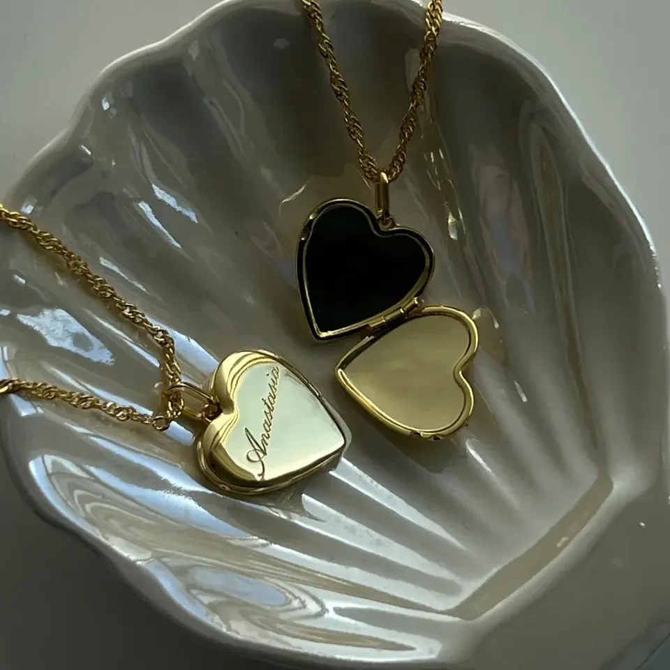 14k gold plated custom personalized heart locket necklace
