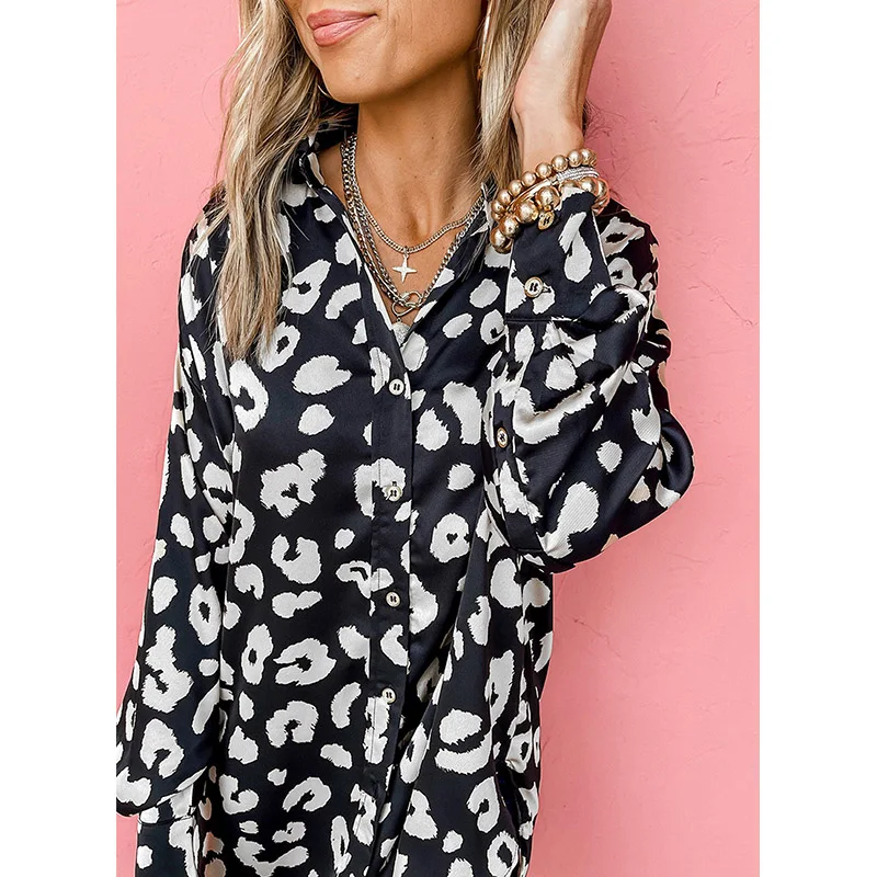 Dear-Lover Wholesale Fast Shipping Leopard Print Buttons Long Sleeve Women Satin Shirt