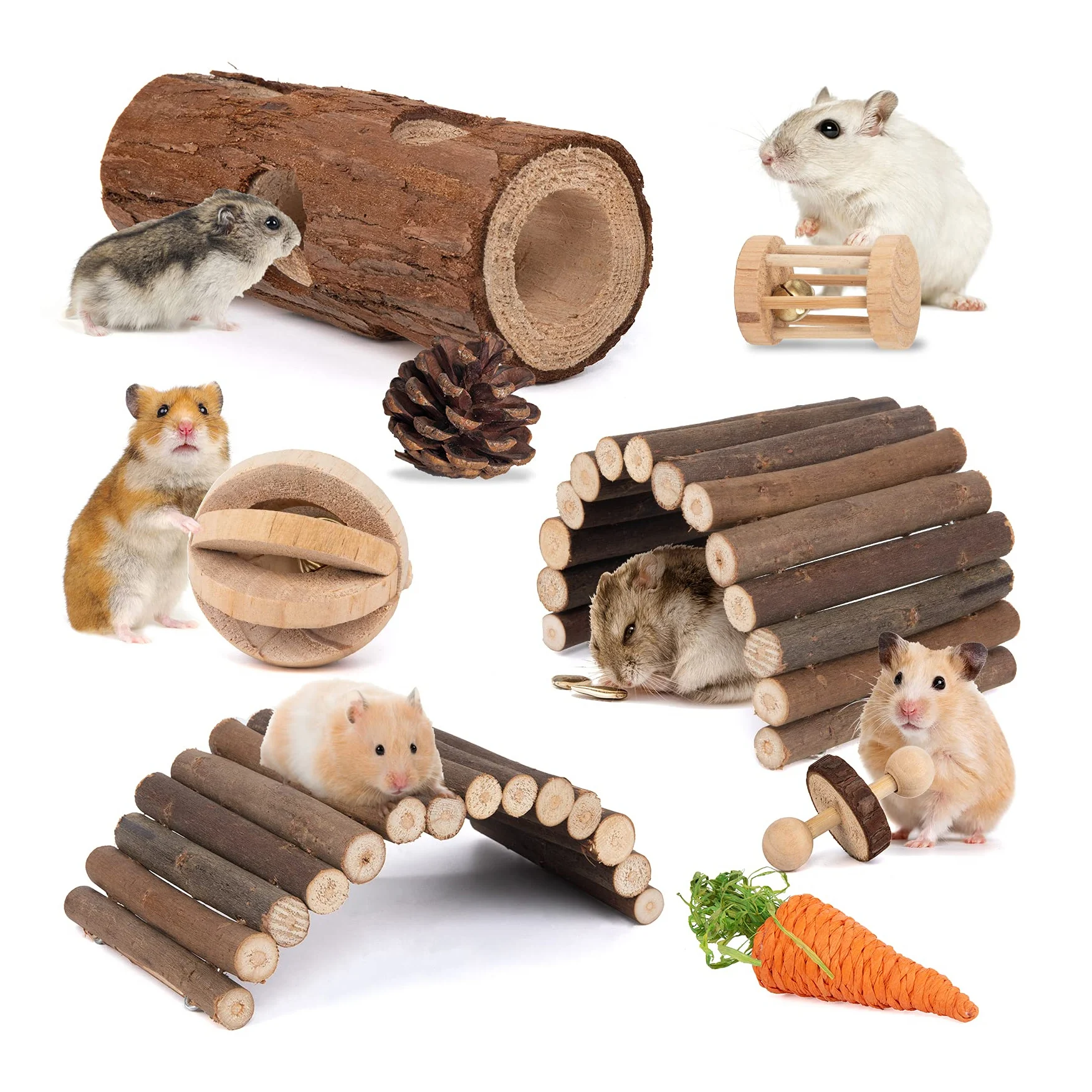 kathson Hamster Wooden House Syrian Hamster Hideout Hut with Ladder Bridge Small Pet Chew Toy for Dwarf Hamster Mouse Rat Gerbil and Other Small Animals 