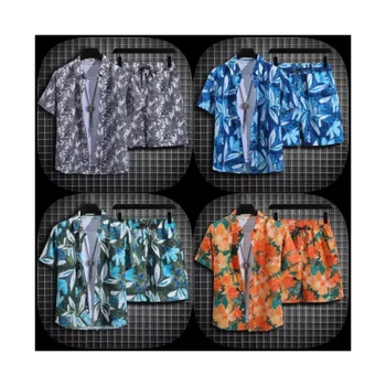 Men's Hawaiian beachwear short-sleeved printed shirt summer new wave printed beach shorts two-piece set