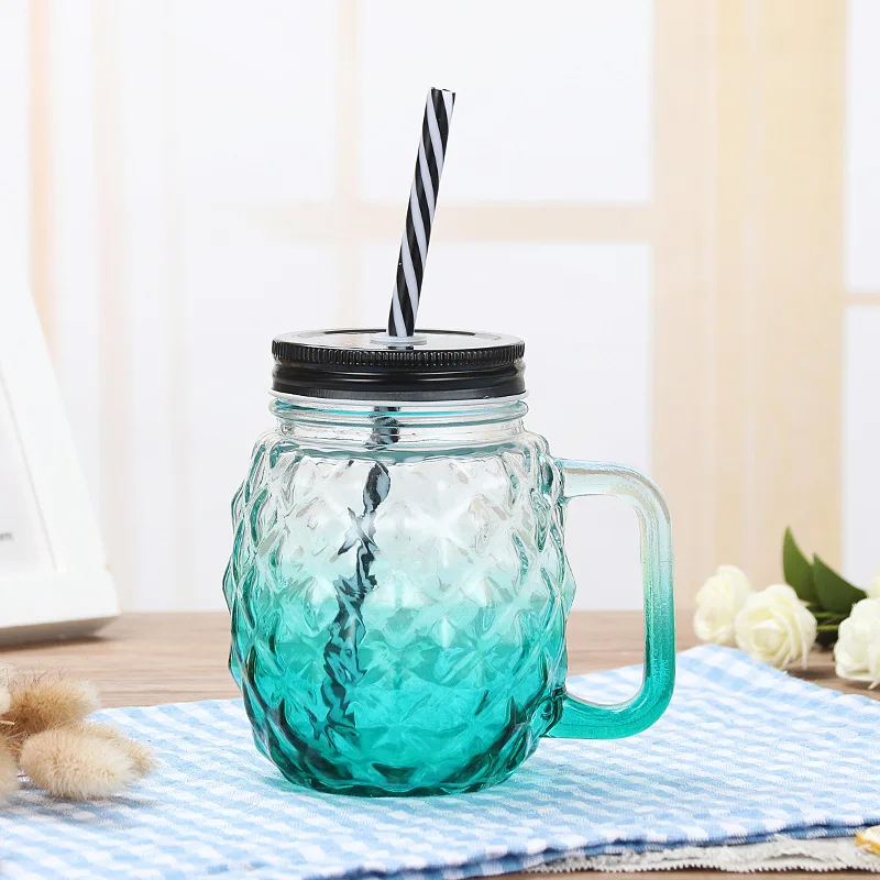 500ml 16oz Pineapple Shaped Glass Drinking Jar Mason Cups With Straw Glass Mason Jar With Handle