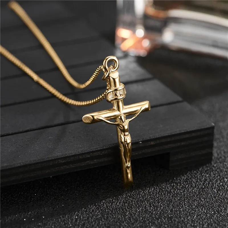 Tarnish free stainless steel gold plated cross Jesus crucifix necklace