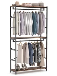 Tribesigns Freestanding 3 Tiers Shelves Clothes Garment Racks Double Hanger Rod Wardrobe Wooden Bedroom Laundry