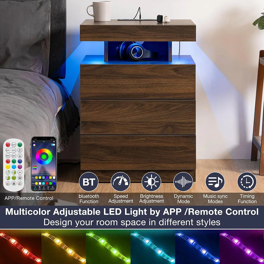Nu-Deco Modern LED Nightstand Wireless Charging Station USB Ports 3 Drawers RGB Adjustable Brightness High Gloss Bedside Table factory