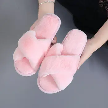 Fashion Warm Faux Fur Pink Fluffy Winter Plush Fuzzy Indoor Home Slippers for Women soft fur slippers