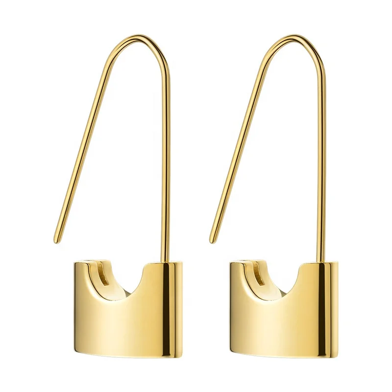 High Quality 18K Gold Plated Stainless Steel Jewelry Paper Clip Solid Lock Safety Pin Hoop Earrings E5282