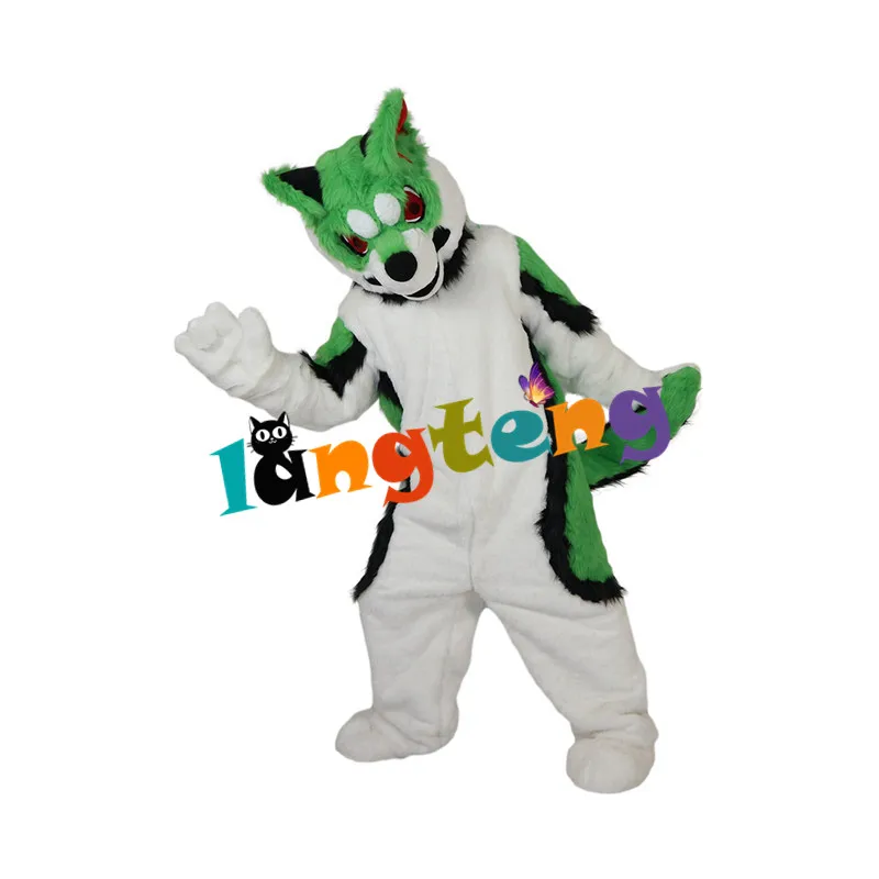 New Husky Long Fur Dog Fox Mascot Costume Green Fursuit Party Cosplay Game Adult 