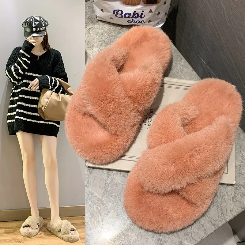 winter faux fur plush home slippers