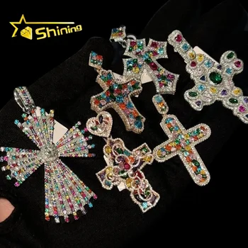 Trendy New Arrivals 2025 Collection 3D Cross Pendant Fancy Cut Diamond S925 Icd Out Multi-Colored Gemstones Moissanite Pendant