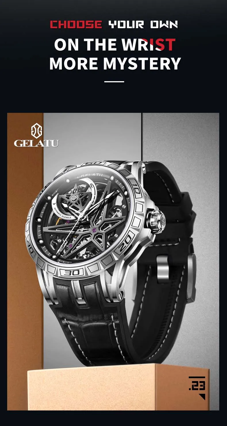 GELATU 6009 Popular Custom Face Mens Mechanical Watch Buy Leather Strap Luminous Scrolling Moq 1 Casual Watch Company