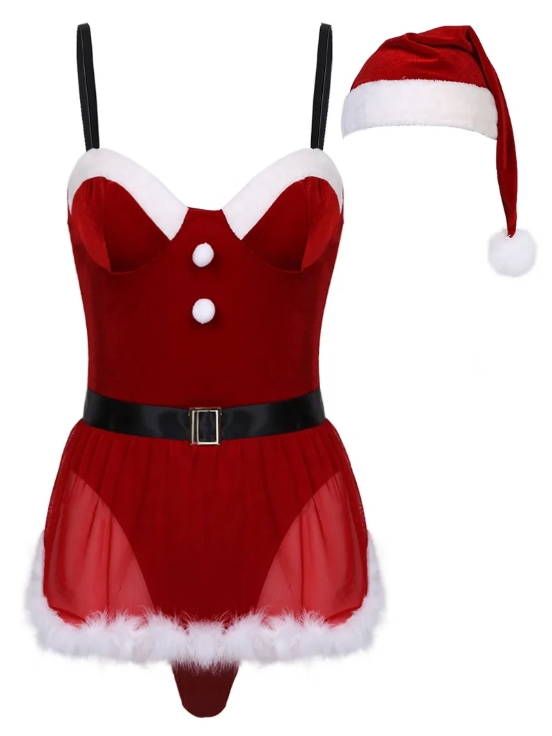 Women Sexy Lingerie Adjustable Velvet Christmas Bodysuits