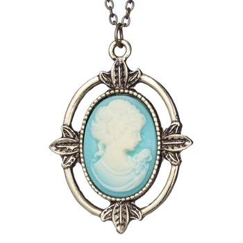 New Vintage Style Bronze Light Blue Cameo Necklace The Vampire Diaries Katherine Beauty Head Pendant Necklace for Women